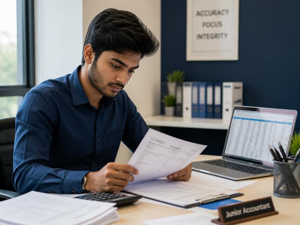 Young Indian graduate reviewing course certificate and study material at a desk