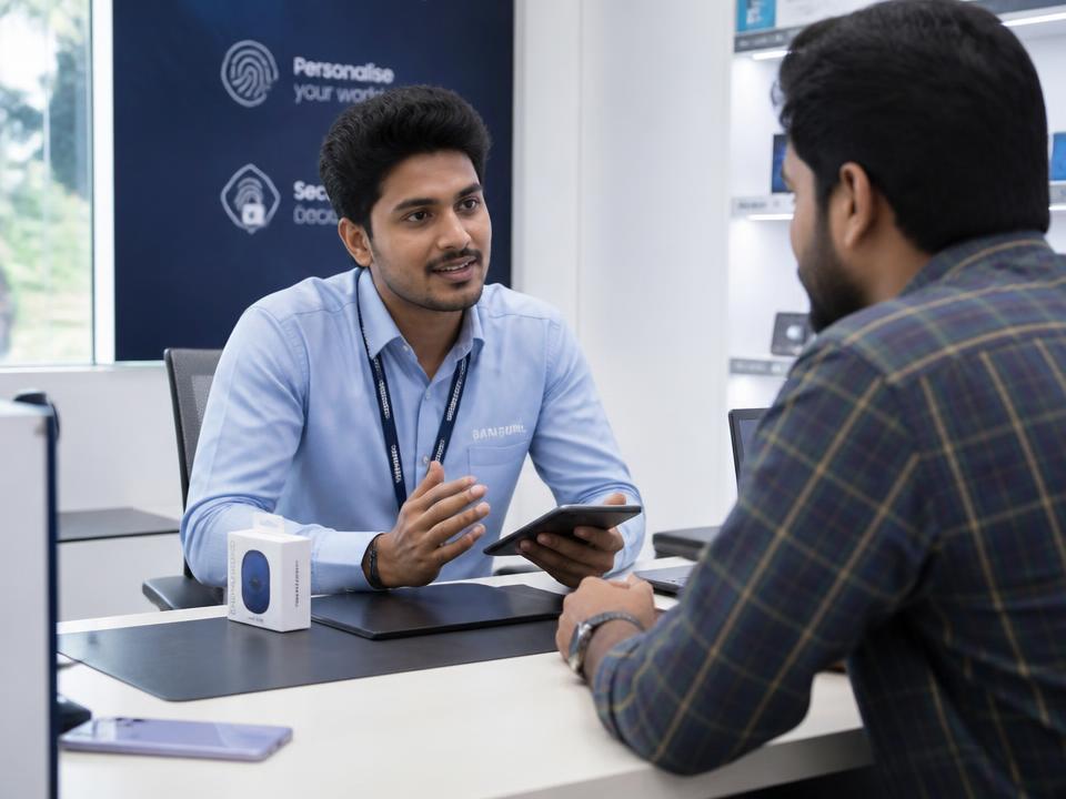 Young Indian professional handling a real workplace conversation with a customer